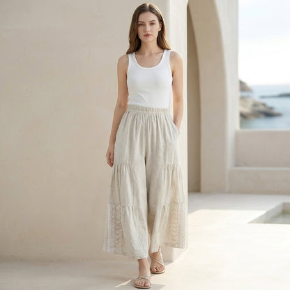 Women's Tiered Wide-Leg Cropped Pants with Lace Insets and Pockets