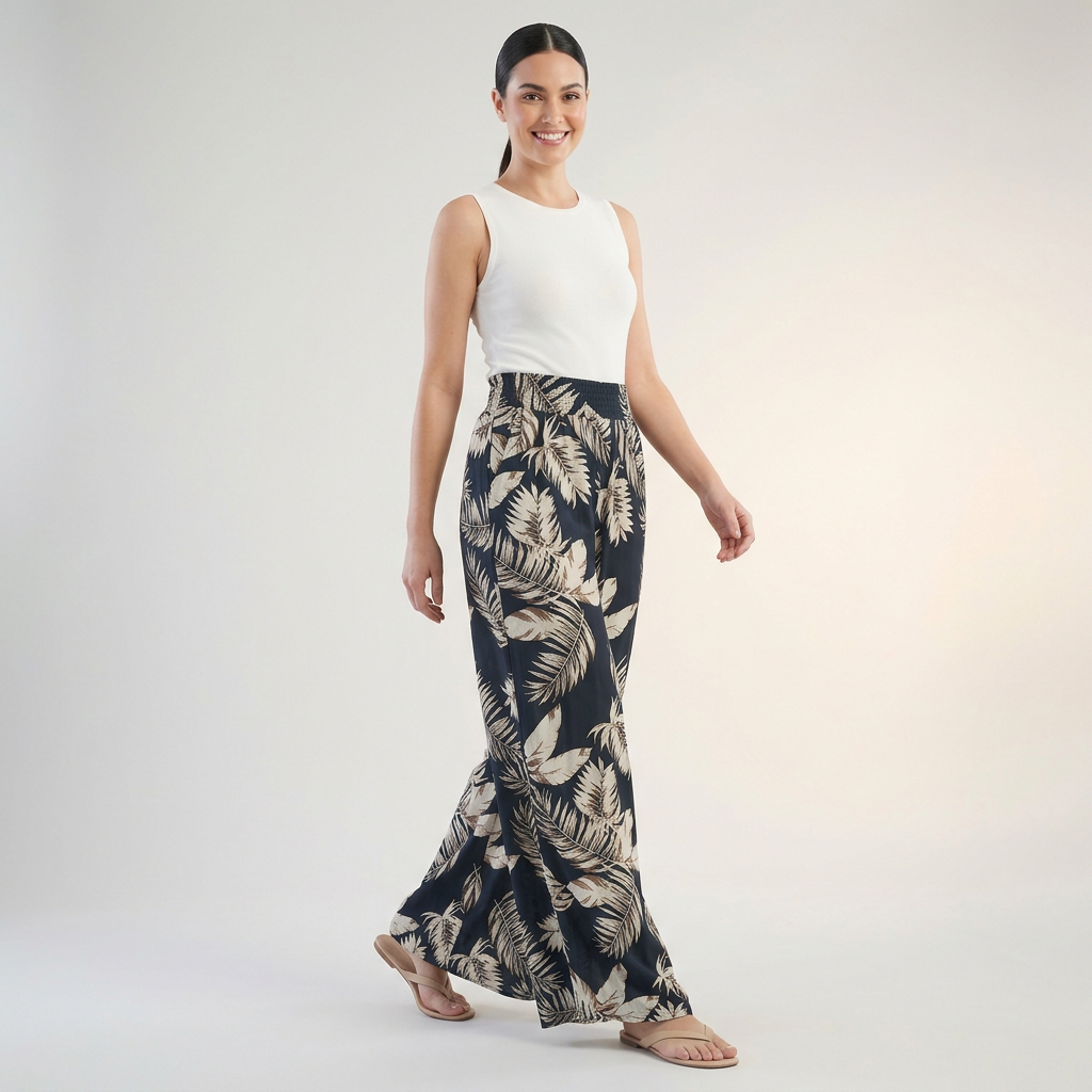 Flowing Tropical Leaf Print Palazzo Pants with Ruched Waist and Pockets