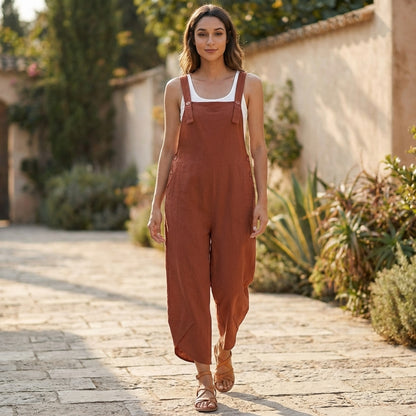 Oversized Wide-Leg Suspender Jumpsuit with Square Neckline and Pockets