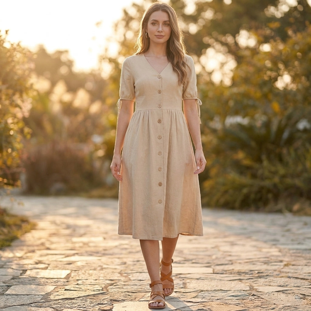 Structured Woven A-Line Midi Dress with V-Neck and Adjustable Sleeves