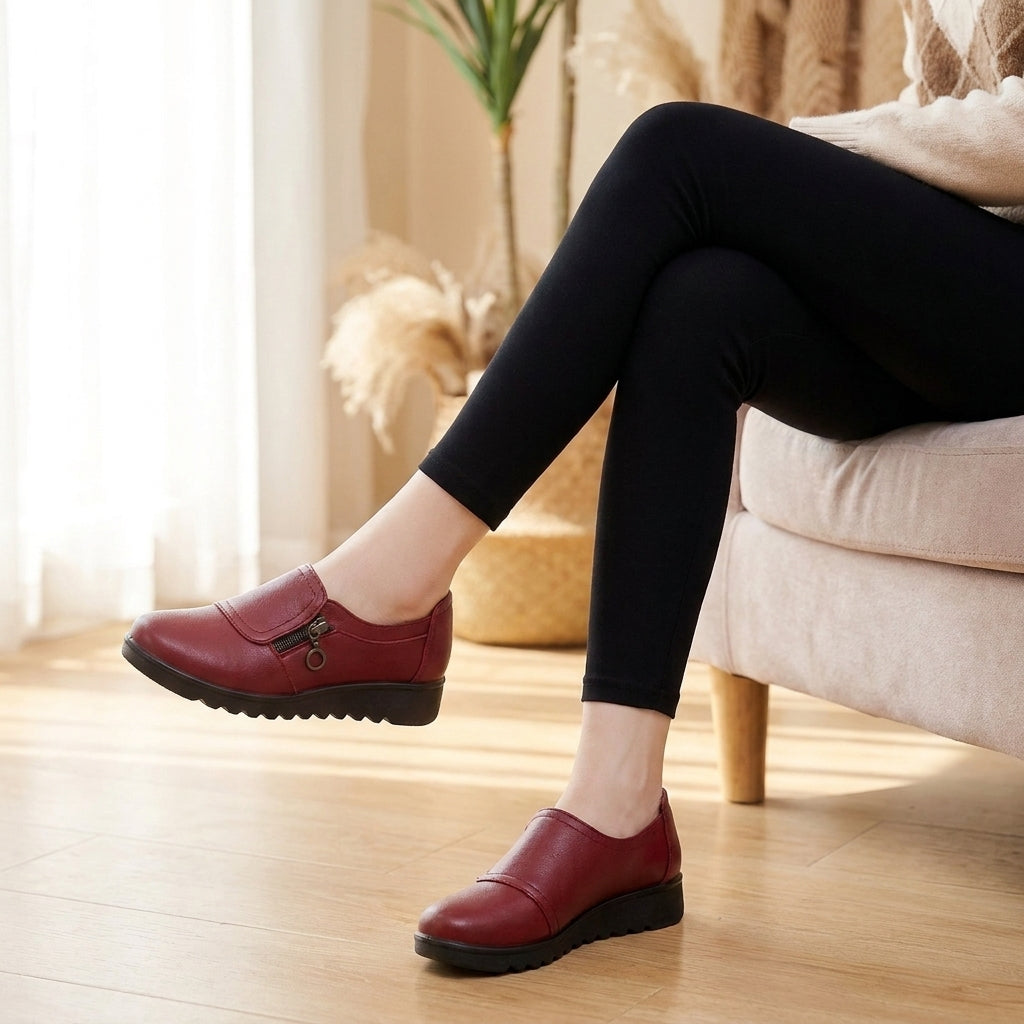 Structured Pebble-Grain Orthopedic Loafers with Side Zip and Platform Sole