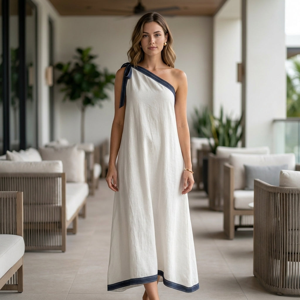 Effortless One-Shoulder Tie Detail Maxi Dress with Contrasting Trim