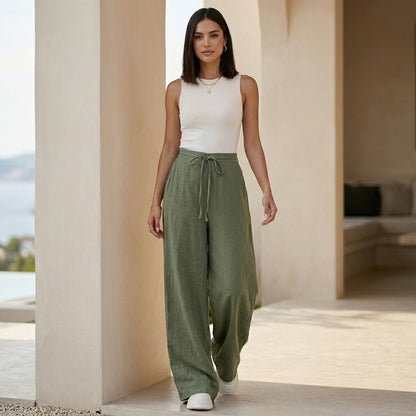 High-Rise Wide Leg Pants with Drawstring Waist and Soft Draping