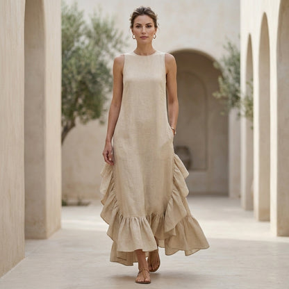 Flowing Sleeveless Maxi Dress with Dramatic Ruffle Hem and Pockets