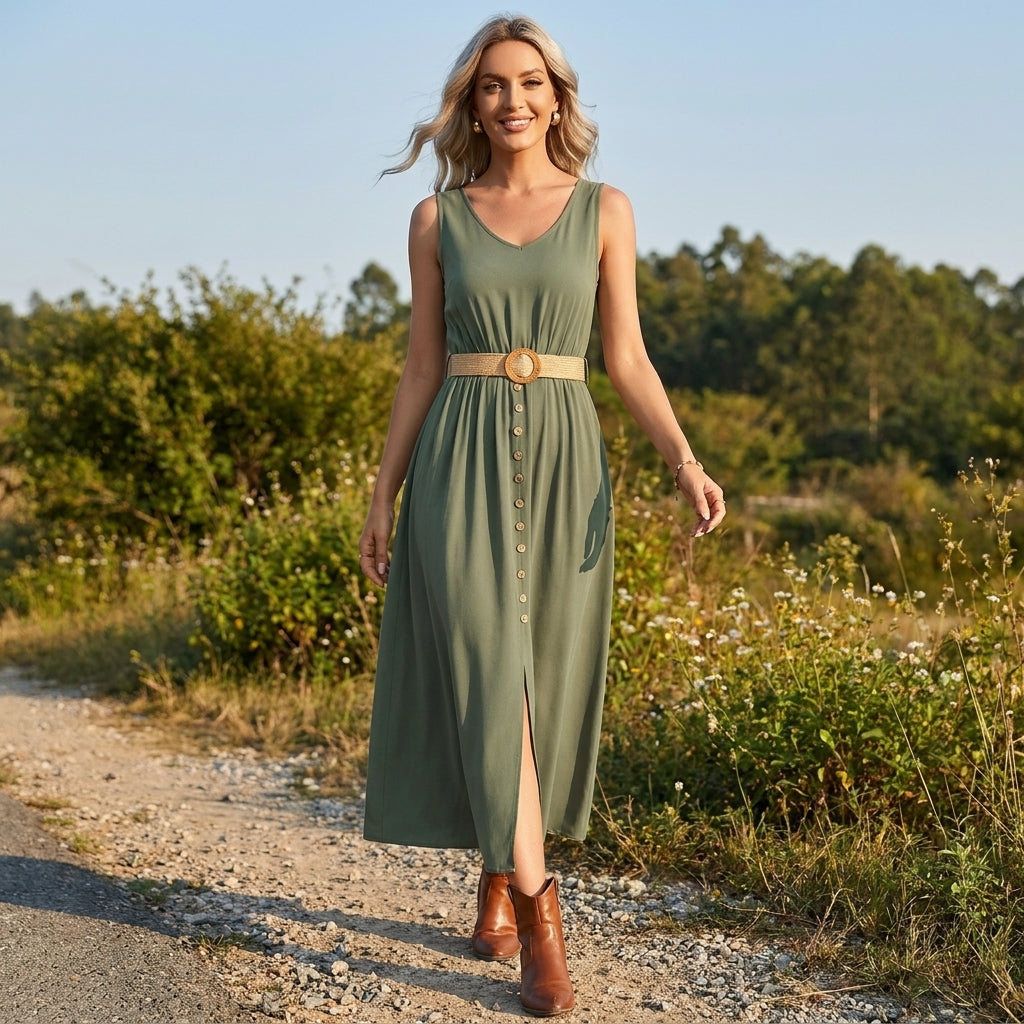 Belted Button Front Maxi Dress with Effortless Resort Charm