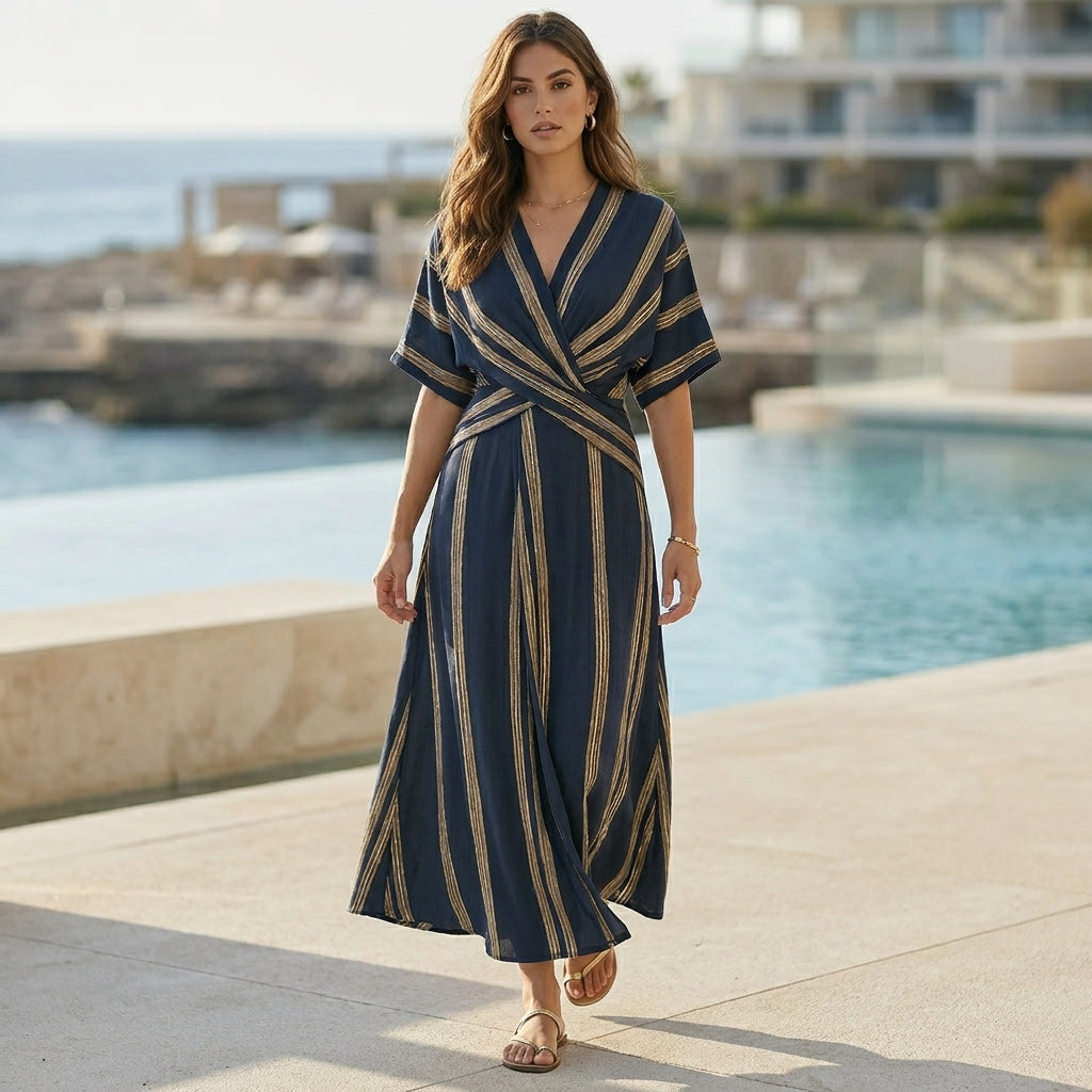 Elegant Pleated Flared Maxi Dress with Wrap-Style V-Neck and Textured Trim
