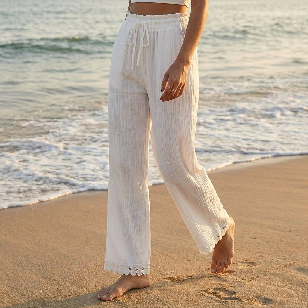 High-Waisted Breezy Woven Trousers with Lace-Trimmed Ankle Hem