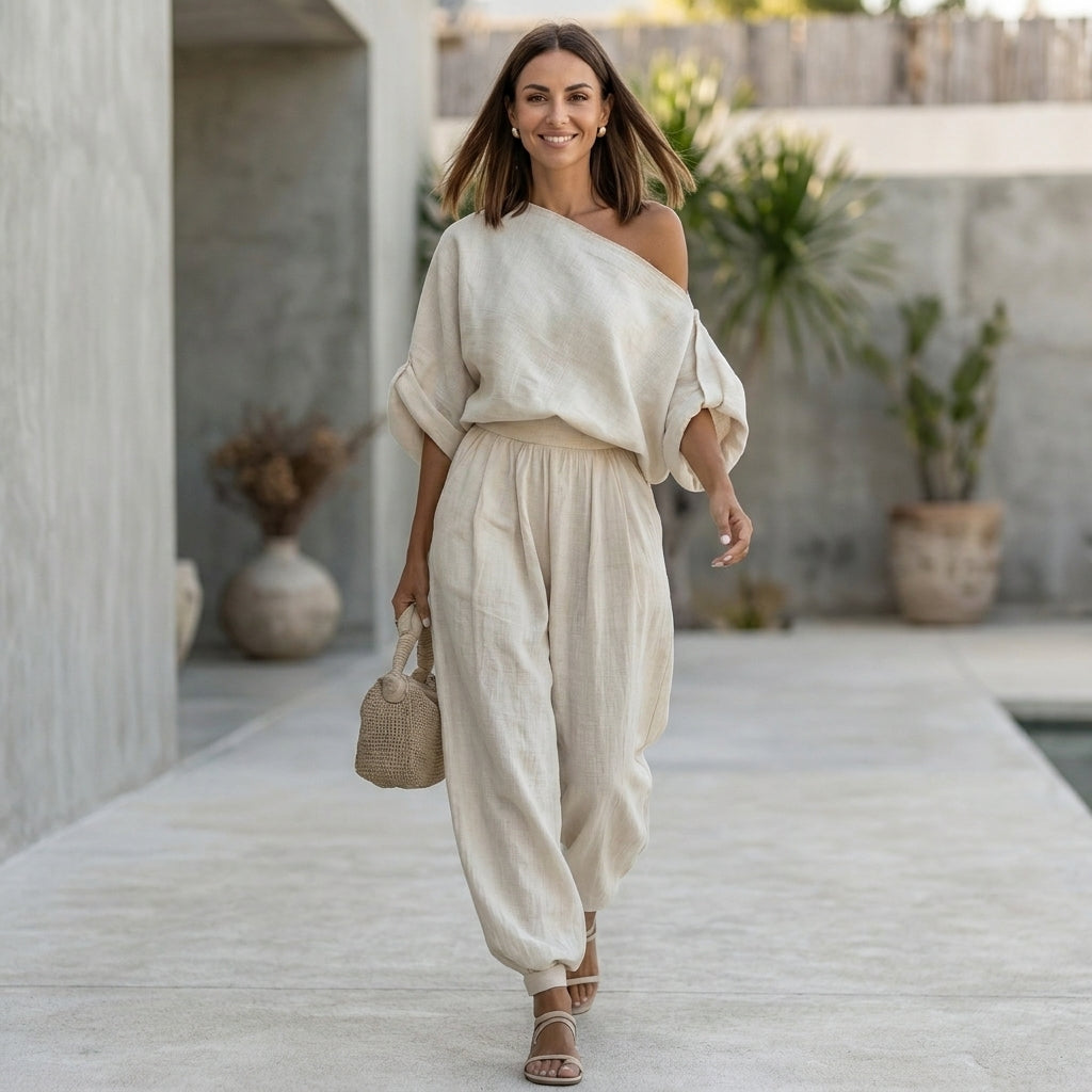 Draped One-Shoulder Top with Voluminous Lantern Pants Set for Resort Chic