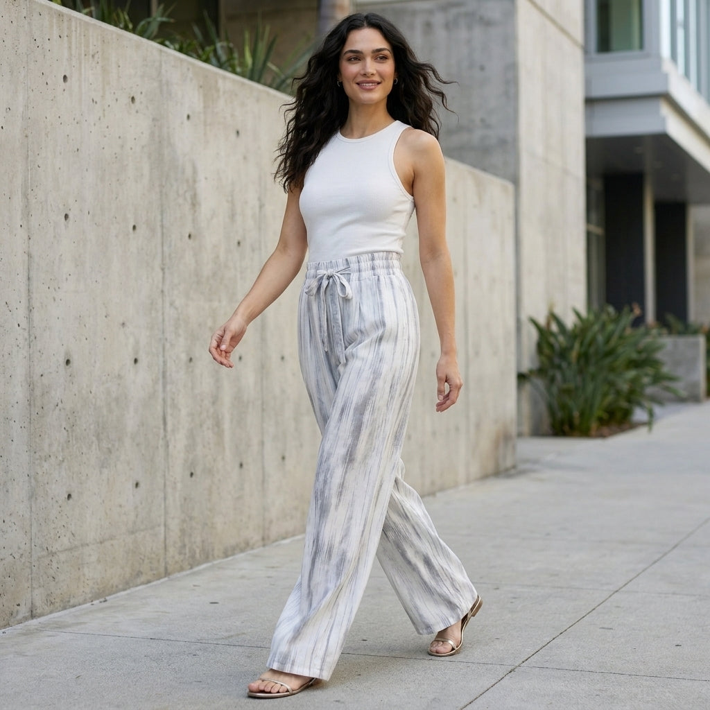 Ethereal Watercolor Wide-Leg Resort Trousers