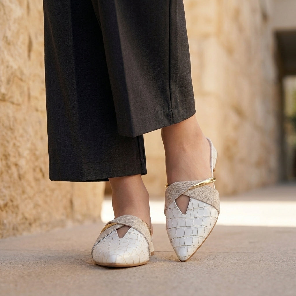 Structured Embossed Pointed Mules with Metallic Accent