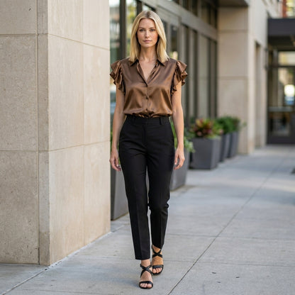Elegant Ruffle Sleeve Button-Front Satin Blouse