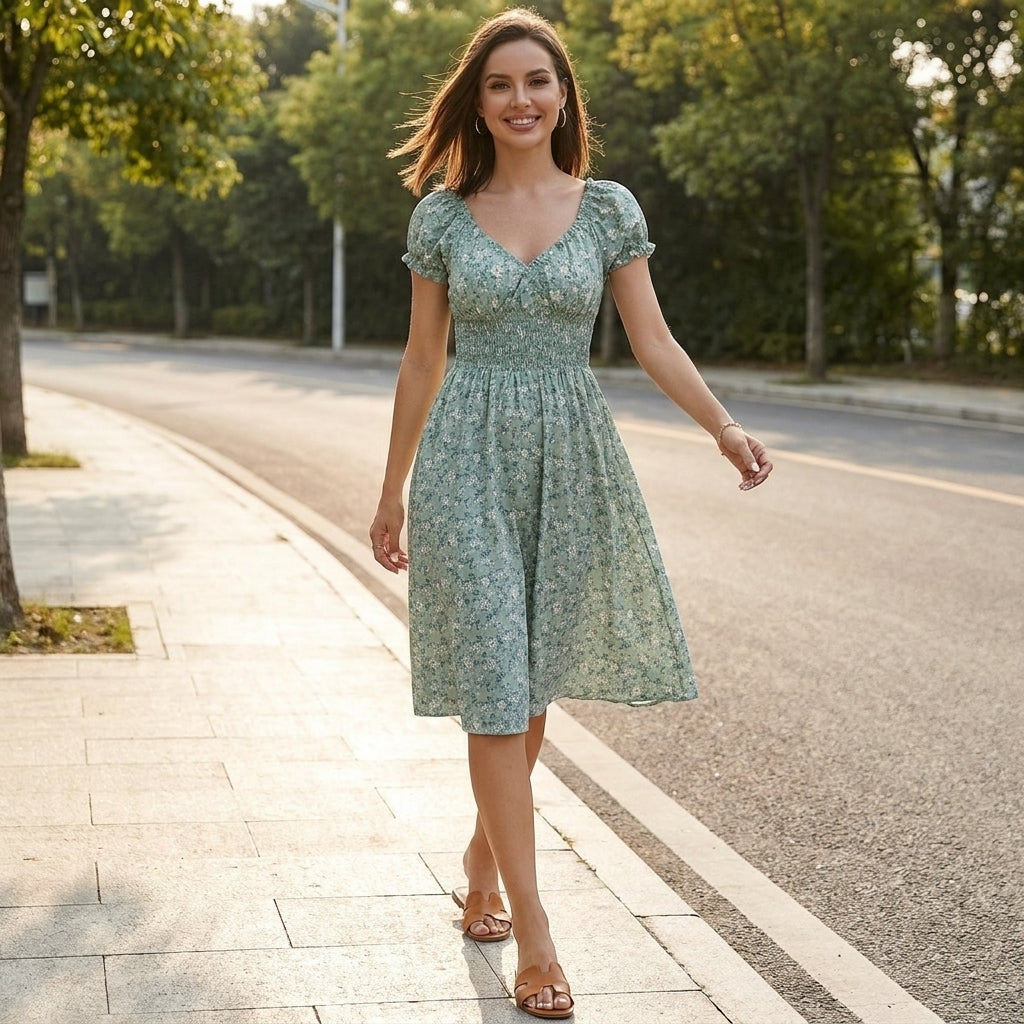 Vintage Floral Sweetheart Midi Dress with Smocked Waist Detail