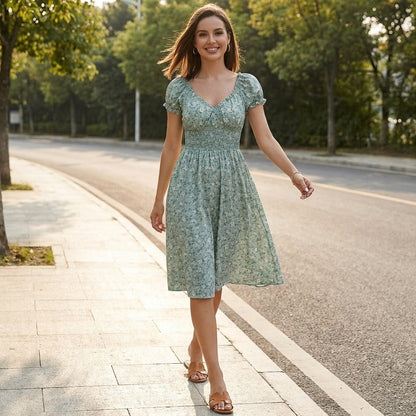 Vintage Floral Sweetheart Midi Dress with Smocked Waist Detail