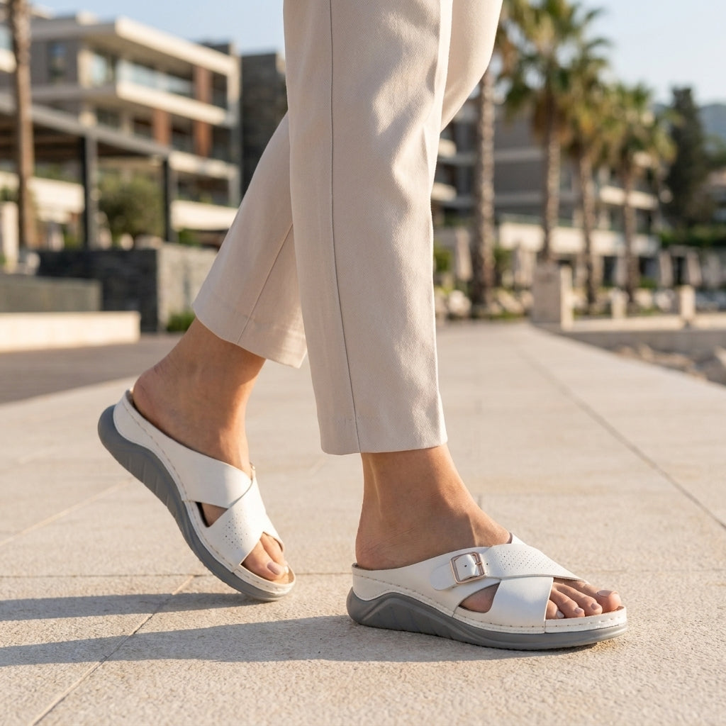 Buckle Accent Cross-Strap Comfort Slide Sandals