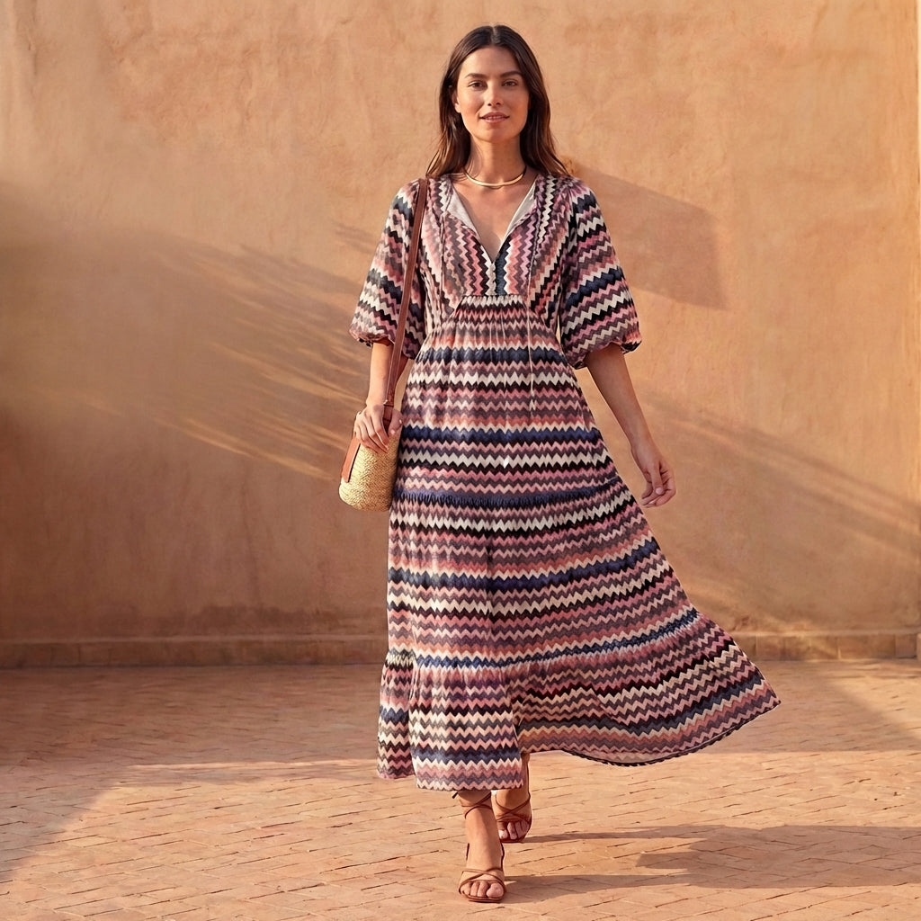 Elegant Flowing V-Neck Midi Dress with Puff Sleeves and Tiered Skirt