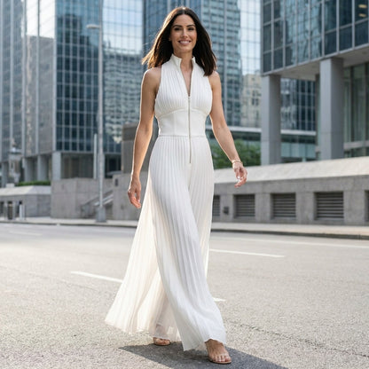 Pleated Halter Wide-Leg Jumpsuit for Effortless Evening Elegance