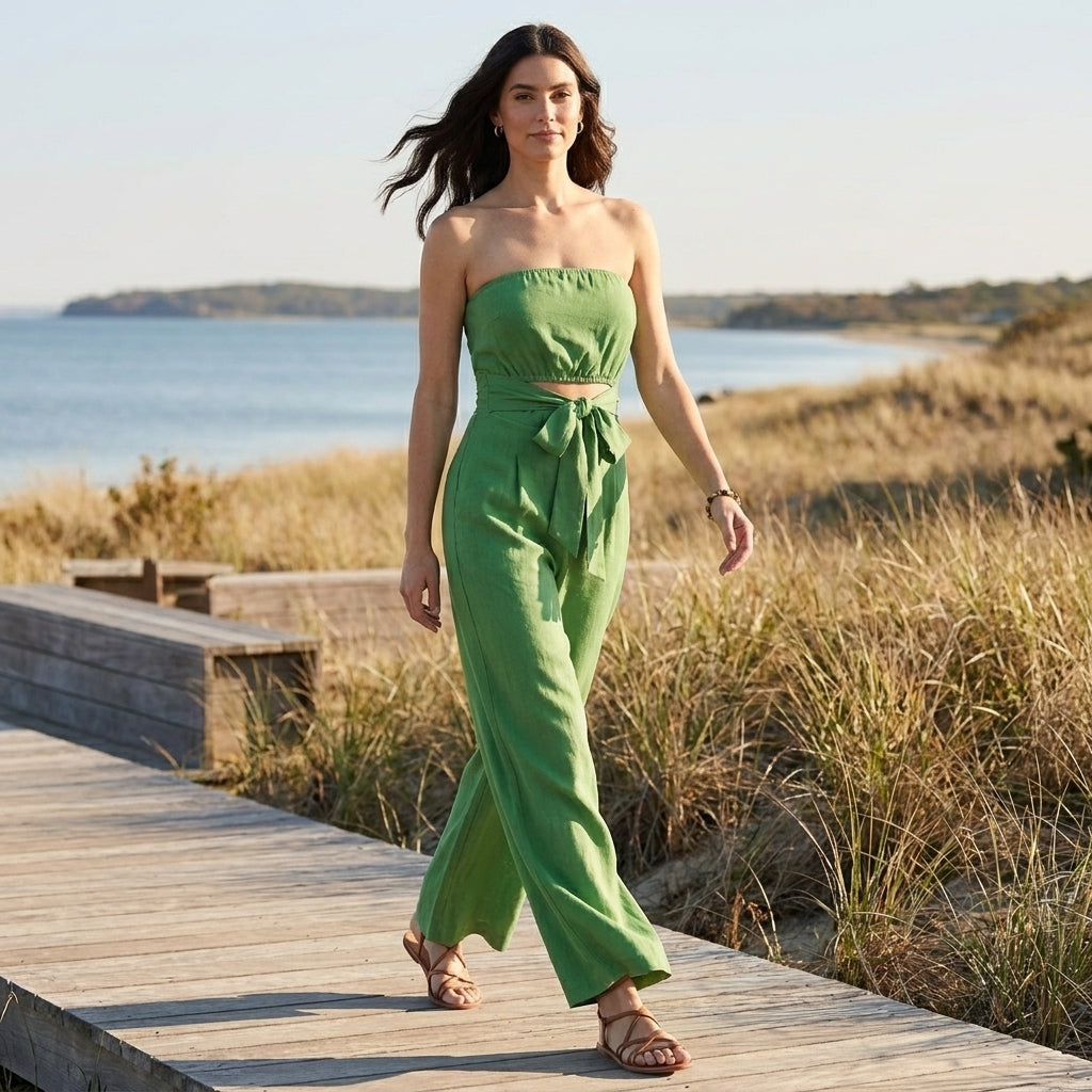 Strapless Wide-Leg Jumpsuit with Waist Tie