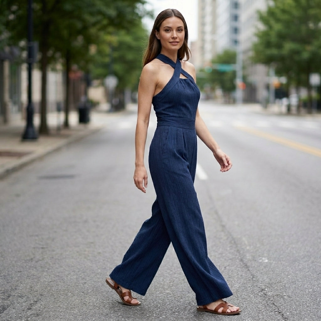 Elegant Cross Halter Wide Leg Jumpsuit