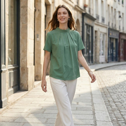 Minimalist Tie-Back Blouse with Soft Pleated Neckline