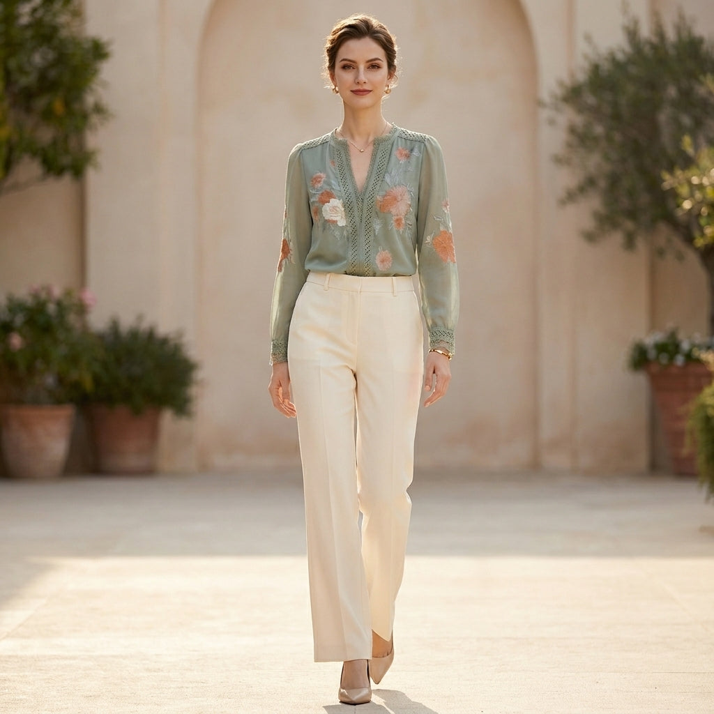 Flowing V-Neck Floral Blouse with Delicate Lace Trim and Sheer Sleeves