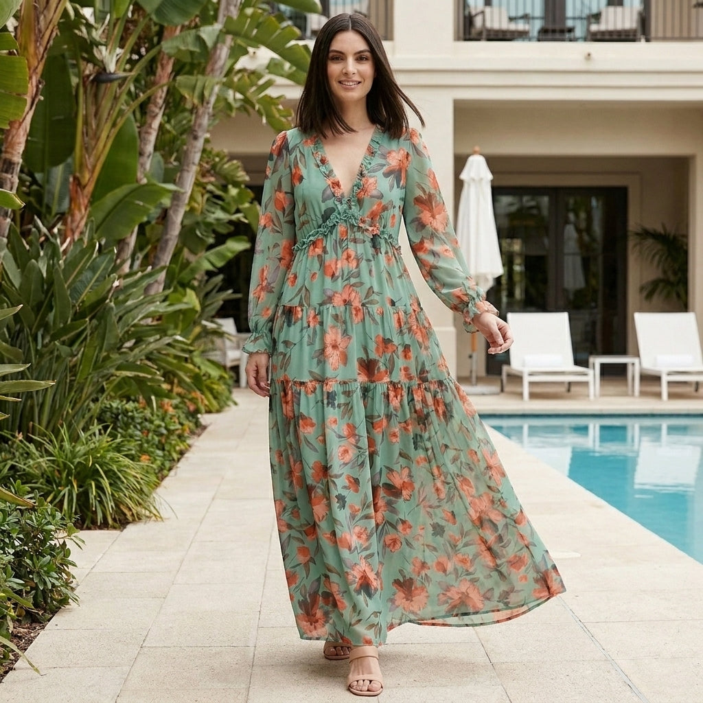 Romantic Floral Tiered Maxi Dress with Smocked Waist Detail