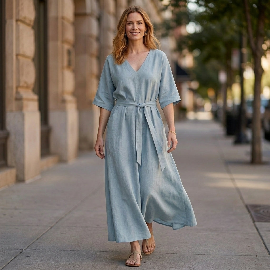 Graceful Belted Maxi Dress with Relaxed V-Neck Silhouette