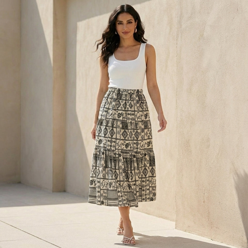 Bohemian Tiered Maxi Skirt with Vintage-Inspired Print