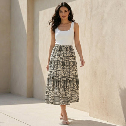Bohemian Tiered Maxi Skirt with Vintage-Inspired Print