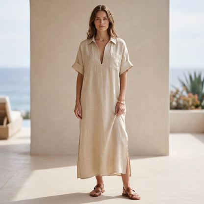 Minimalist Oversized Maxi Dress with Embroidered Placket and Shirt Collar