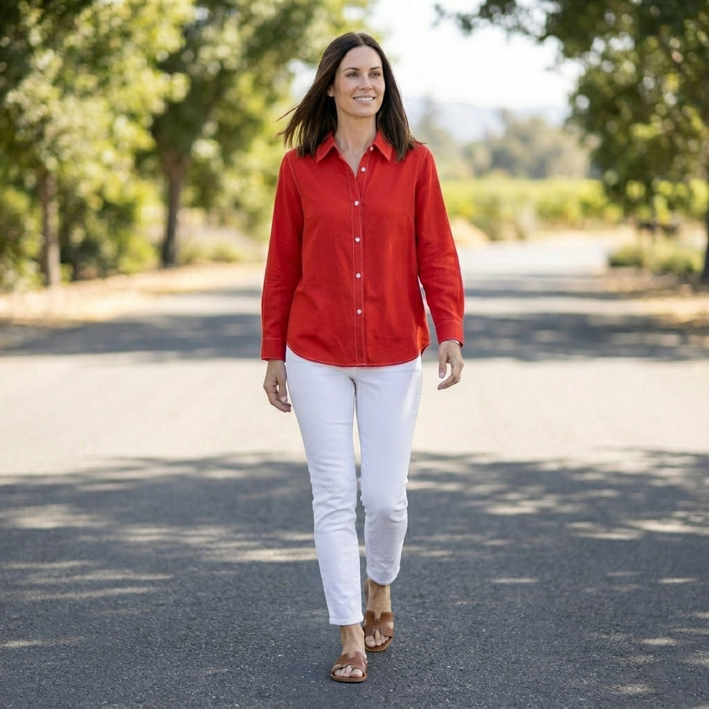 Relaxed Button-Up Blouse with Rolled Sleeve Cuff Detail