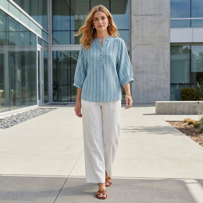 Coastal Stripe Button-Neck Relaxed Sleeve Blouse