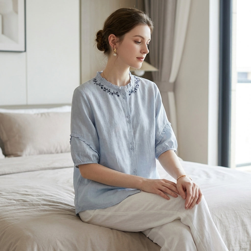 Relaxed Embroidered Button-Up Blouse with Ruffle Trim