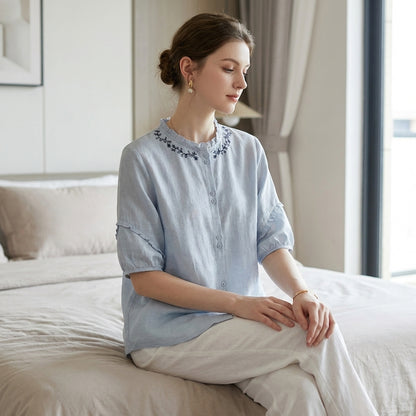 Relaxed Embroidered Button-Up Blouse with Ruffle Trim