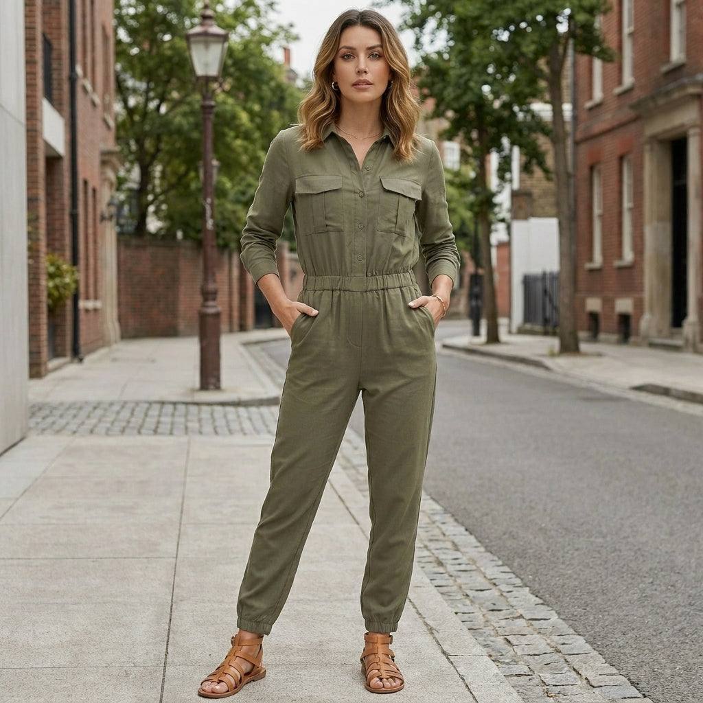 Utility Chic Button-Front Jumpsuit with Drawstring Waist