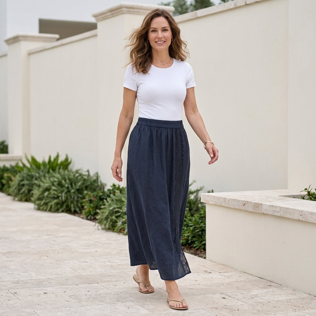 Graceful Lace-Trim Button Detail Midi Skirt
