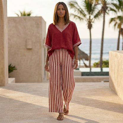 Relaxed V-Neck Two-Piece Set with Wide-Leg Striped Trousers