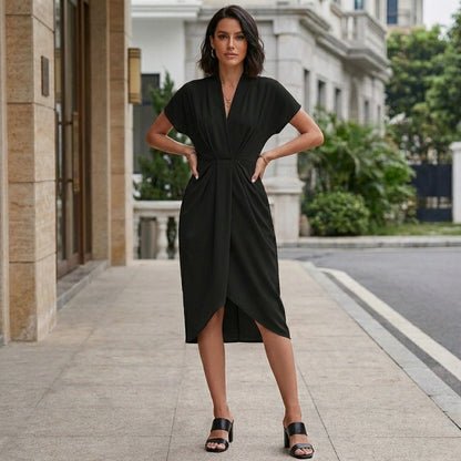 Elegant Draped Tulip Midi Dress with Defined Waist