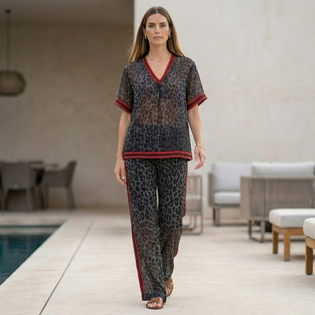 Leopard Print Chiffon Lounge Set with Relaxed Wide-Leg Silhouette