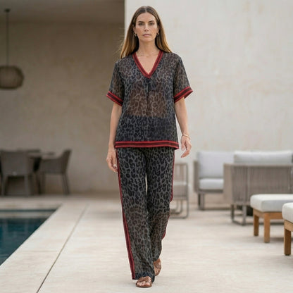 Leopard Print Chiffon Lounge Set with Relaxed Wide-Leg Silhouette