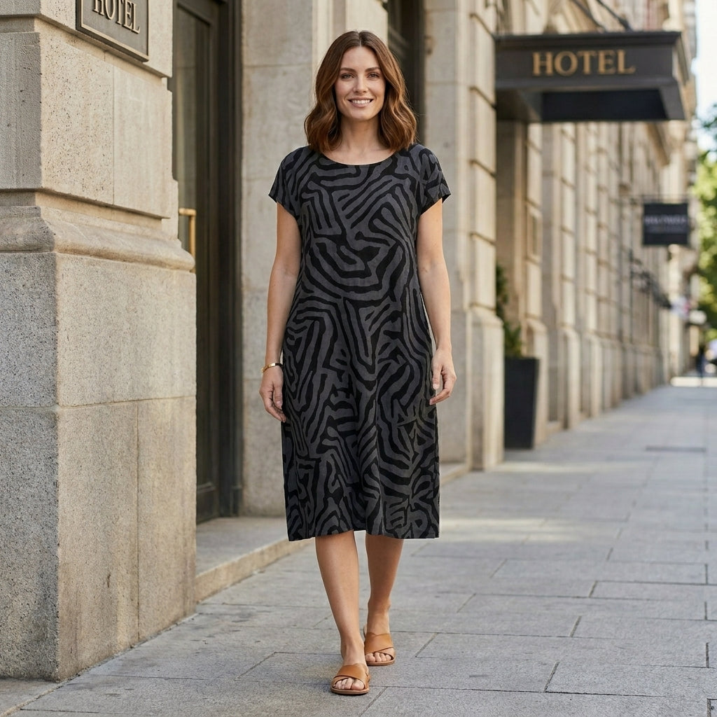 Abstract Print Midi Dress with Relaxed Everyday Silhouette