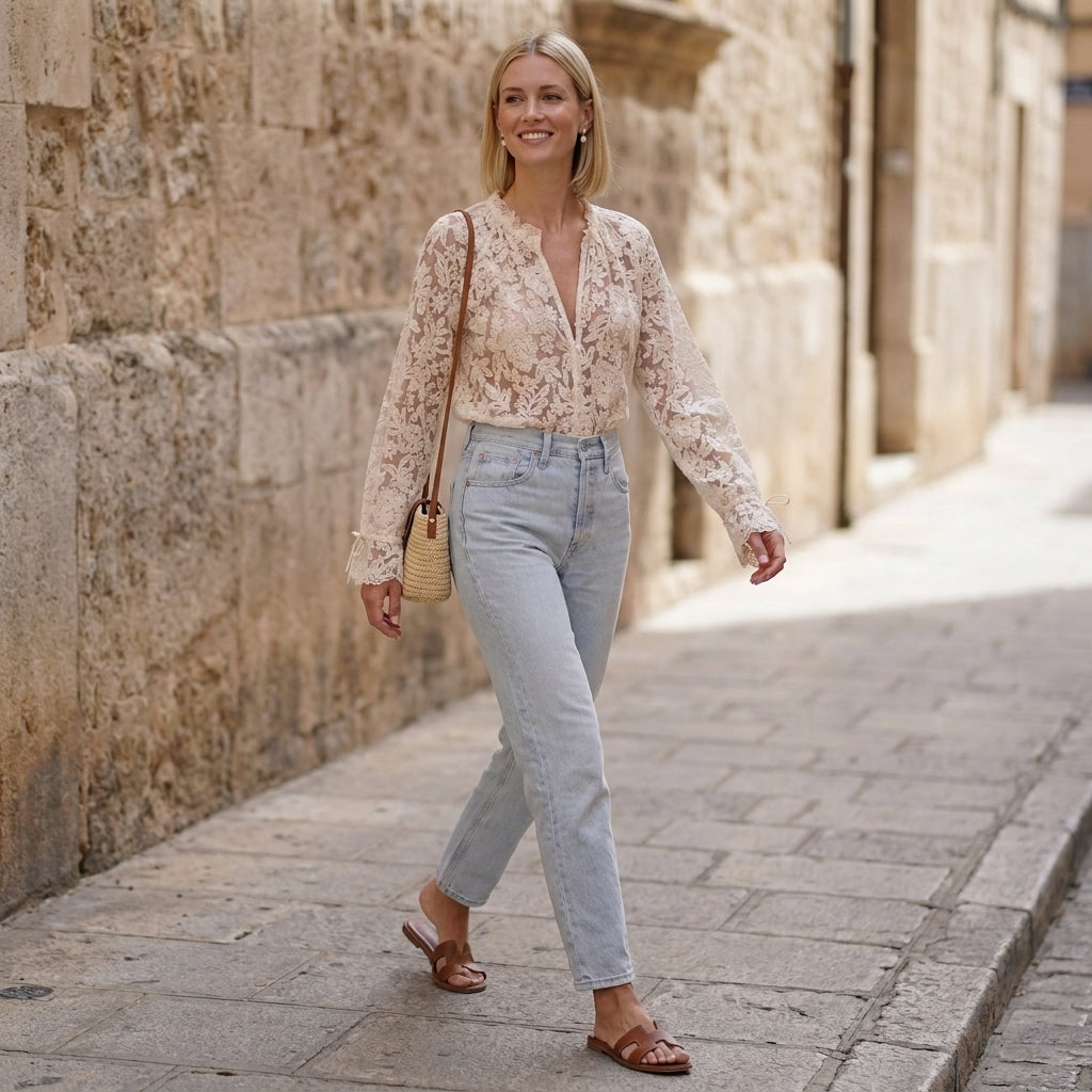 Romantic Floral Lace Button-Front Blouse with Flared Sleeves