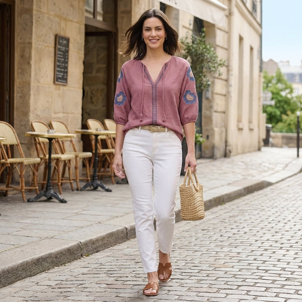 Floral Embroidered Split Neck Blouse for Effortless Elegance