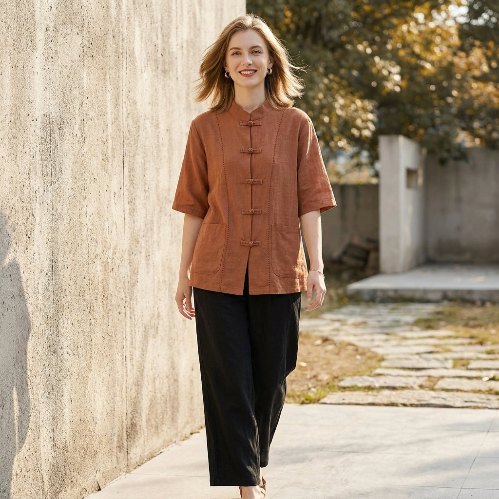 Minimalist Mandarin Collar Blouse with Elegant Knot Button Detail