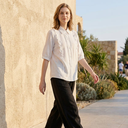 Ruffle Detail Button-Up Blouse with Relaxed Elegant Fit
