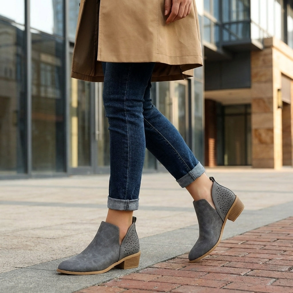 Perforated Side Panel Ankle Boots with Stacked Heel