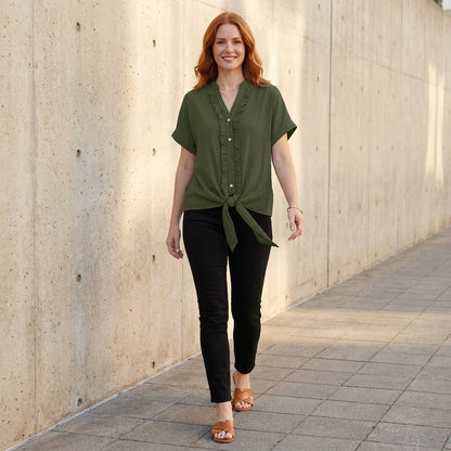 Willow Grace Ruffle Trim Tie-Front Blouse