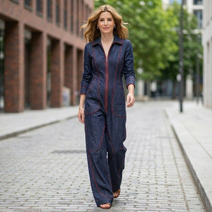 Tailored Zip-Front Contrast Stitch Wide-Leg Jumpsuit
