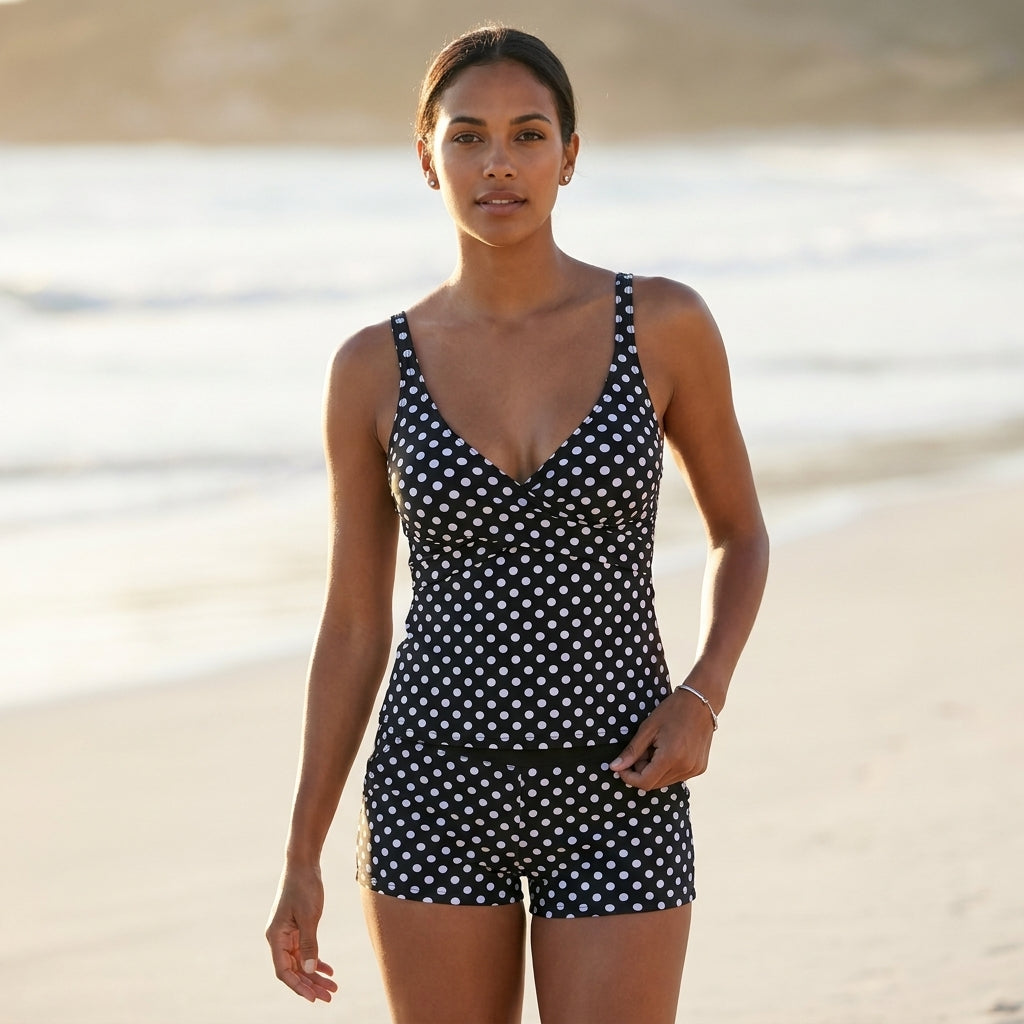Figure-Flattering V-Neck Tankini with Coordinated Swim Shorts