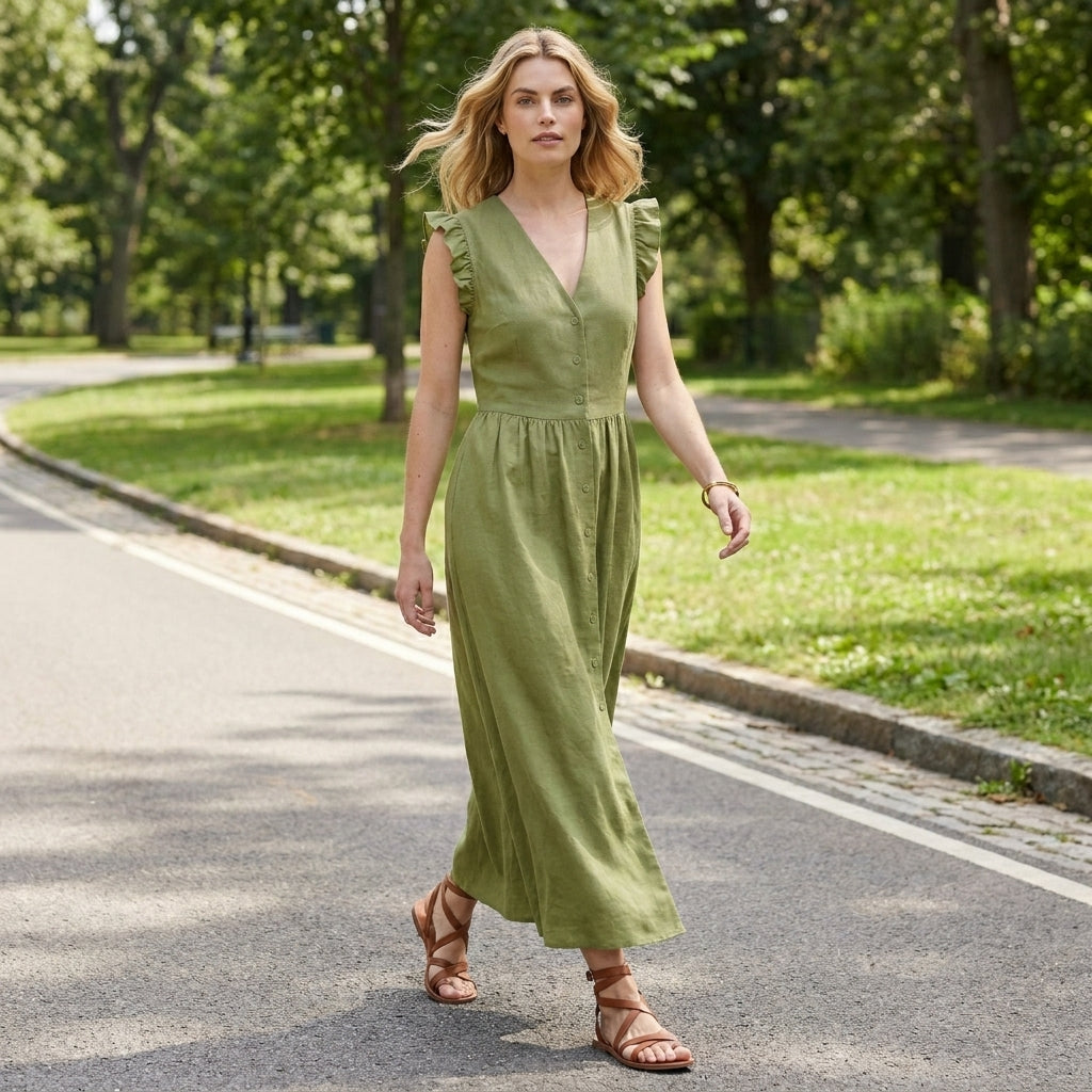 Graceful Ruffle Sleeve Button-Front Maxi Dress