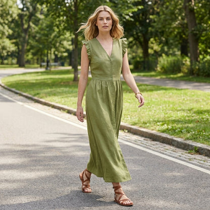 Graceful Ruffle Sleeve Button-Front Maxi Dress